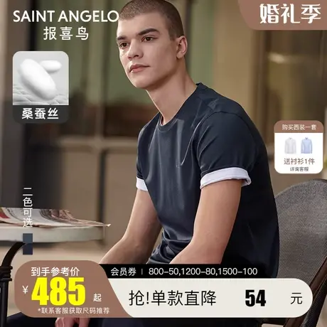 报喜鸟夏季新款青年装圆领桑蚕丝短袖T恤衫简约休闲冰丝男体恤衫图片