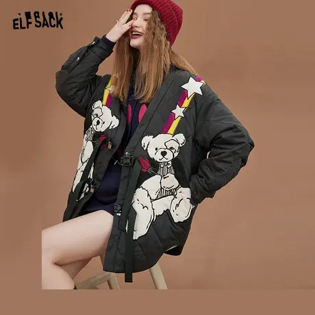 妖精的口袋小熊黑色棉服女2022冬季新款轻薄小棉袄中长款棉衣外套图片