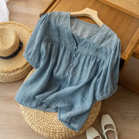 短袖苎麻上衣刺绣宽松文艺复古棉麻小衫小众设计夏天薄款2022新款图片