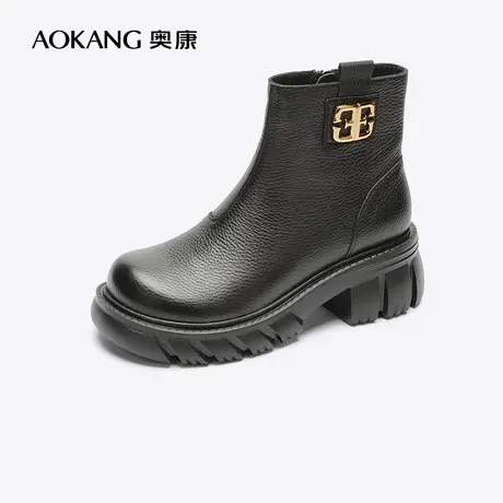 【门店发货】奥康女鞋2022冬季新款真皮女士短靴厚底粗跟增高显瘦商品大图