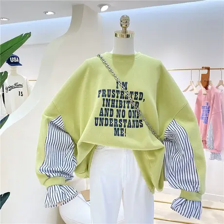 卫衣女春秋薄款2021新款条纹拼接假两件字母印花宽松大码长袖外套商品大图