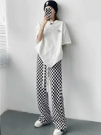 冰丝阔腿裤女夏季薄款2023新款高腰垂感小个子休闲棋盘格子直筒裤图片