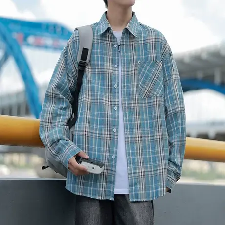 格纹美式复古衬衫男款外穿2025春秋格子衫内搭叠穿青少年衬衣港风商品大图