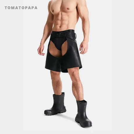 TOMATOPAPA欧美纯色PU皮开裆中裤性感演艺紧身系扣镂空仿皮短裤商品大图