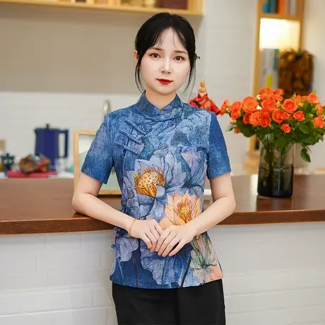 筠雅夏季新款唐装上衣女中式改良复古女士修身透气斜襟短袖25J167商品大图