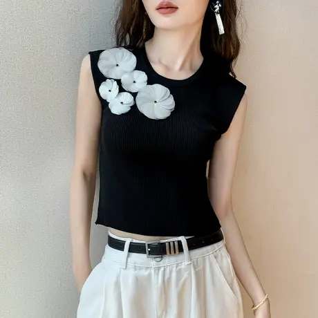 法式小香风针织无袖背心女2024夏季新款立体花朵设计感小众打底衫商品大图