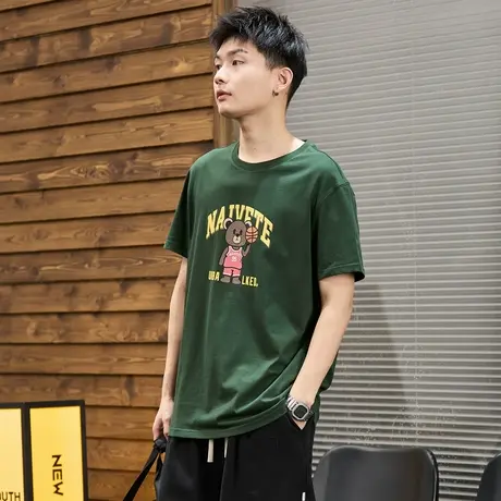 唐狮男短袖T恤夏季新款学院风打篮球小熊休闲圆领宽松上衣商品大图