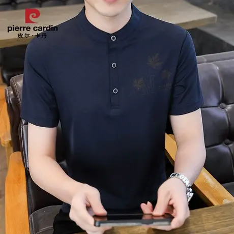 皮尔卡丹中国风短袖t恤男夏季冰丝修身潮牌薄款亚麻夏天男款立领商品大图