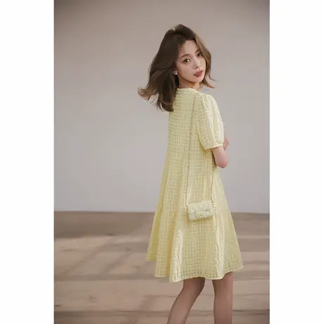 爵莱菲大码连衣裙肌理格子裙子女2025夏季新款修身泡泡袖减龄图片