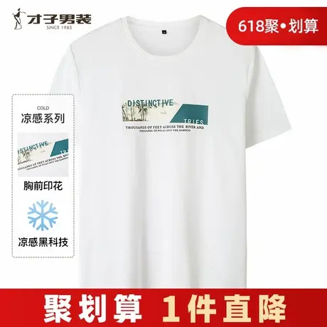 【商场同款】才子凉感圆领短袖T恤男2024夏新款薄款国风印花上衣商品大图