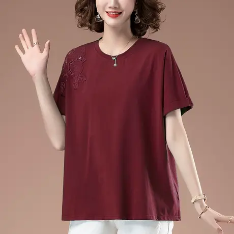 短袖t恤女夏季加肥加大码女装宽松中年妈妈全棉镂空百搭显瘦体恤商品大图