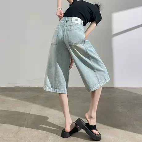 七分阔腿牛仔裤女夏季薄款高腰宽松直筒百搭复古水洗蓝色显瘦中裤图片
