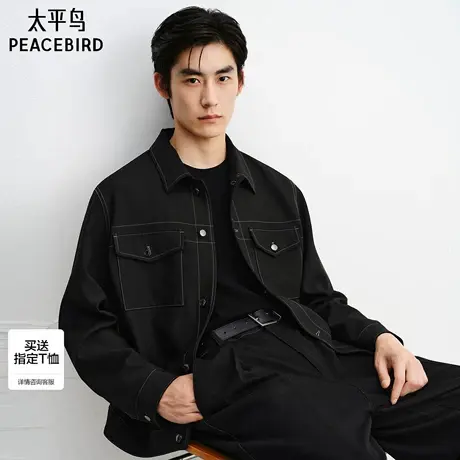 【商场同款】太平鸟男装小香风肌理提花工装黑色夹克男B1BCF3319M图片