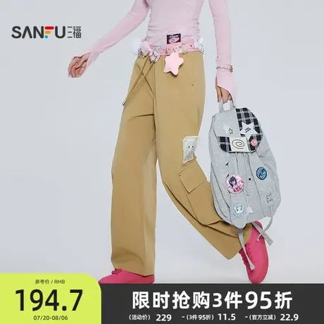 三福休闲裤2025新款秋季时尚猫咪贴布图案宽松工装裤子女装505663商品大图