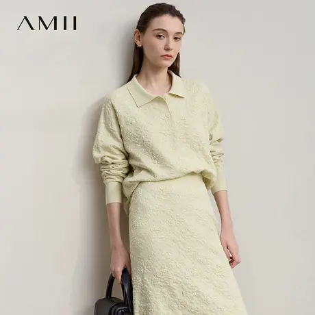 Amii2025秋新款极简纯色套头翻领浮雕提花宽松落肩长袖毛衣女商品大图