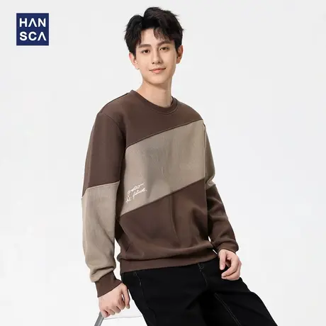 hansca 字母刺绣圆领卫衣男2025秋季宽松撞色拼接插肩袖休闲上衣商品大图