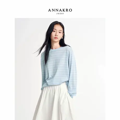 玖姿安娜蔻韩系松弛简约圆领撞色条纹长袖针织衫女2026春季新款商品大图