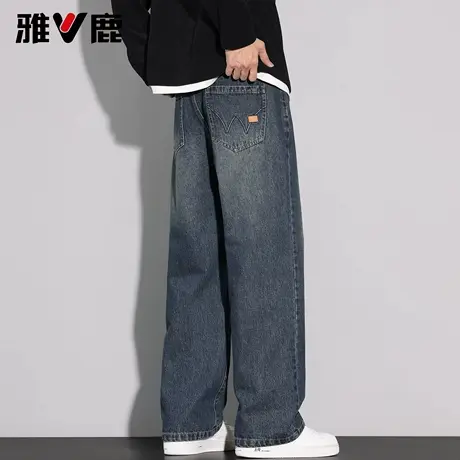 雅鹿2026春季新款直筒宽松牛仔裤男高街美式潮牌磨白时尚阔腿长裤图片