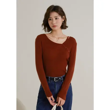 弥古复古红色针织衫女秋冬v领毛衣内搭打底衫修身长袖不规则上衣图片