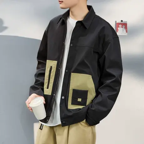唐狮秋季新款男外套宽松翻领上衣简约撞色设计感夹克少年工装TM商品大图