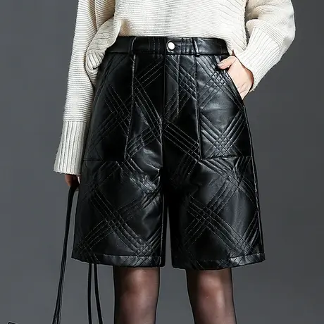加厚加棉PU皮裤五分裤女冬季2023新款高腰宽松阔腿裤显瘦休闲短裤图片