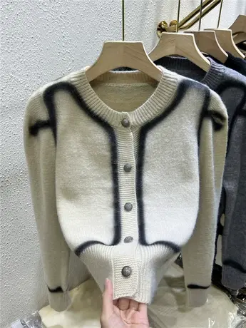 撞色圆领单排扣毛衣开衫女长袖2023秋冬季设计感小众针织上衣外套商品大图