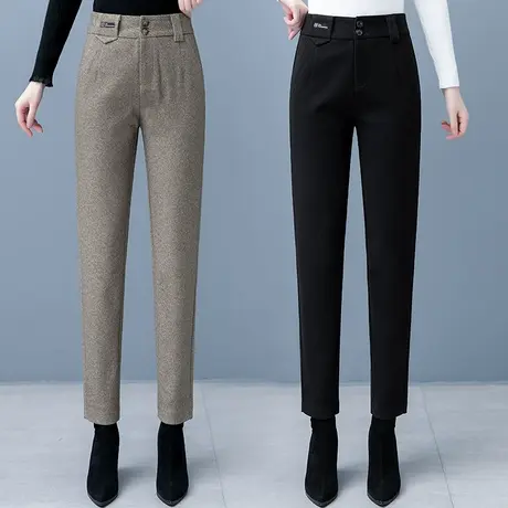 人字纹高腰毛呢烟管裤女秋冬2023新款宽松显瘦小个子西装哈伦裤商品大图