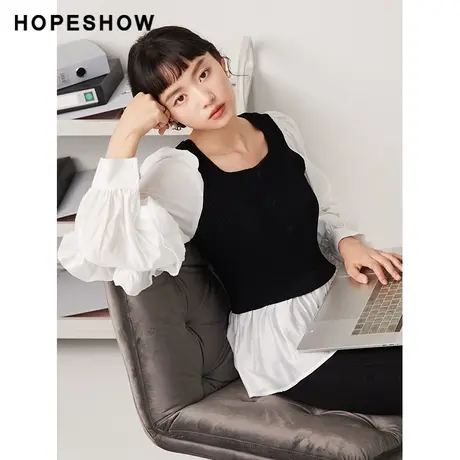 红袖outlets拼接荷叶边假两件针织衫hopeshow2023秋薄款外搭上衣商品大图