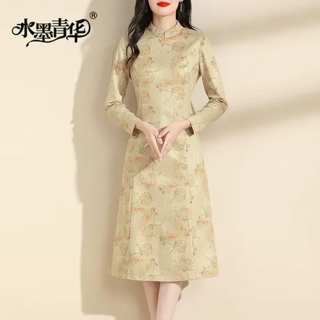水墨青华2023冬季新品立领新中式改良旗袍名媛麂皮绒印花连衣裙商品大图