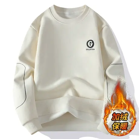 加绒卫衣男秋冬款字母刺绣长袖t恤男装秋衣奥粒绒保暖圆领打底衫T商品大图