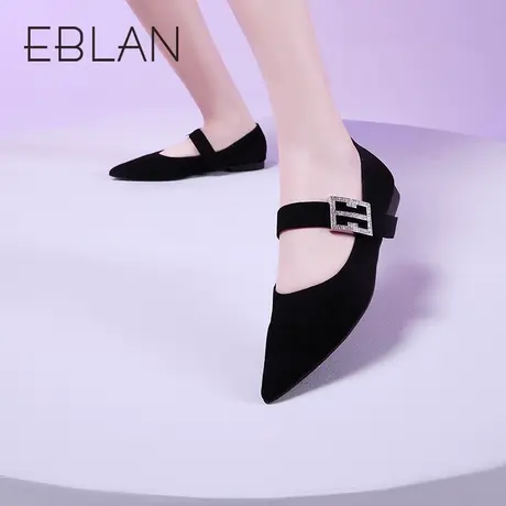 伊伴春季女鞋爆款复古玛丽珍尖头小皮鞋通勤绒面平底鞋防滑单鞋女商品大图