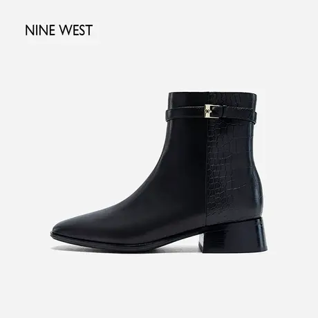 Nine West/玖熙拼接鳄鱼纹小方头短靴2023冬新款法式皮带扣瘦瘦靴图片