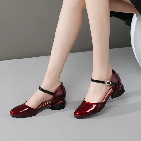 包头凉鞋女2023年春新款粗跟真皮圆头女凉单鞋百搭夏季中跟四季鞋商品大图