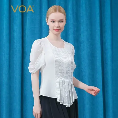 VOA30姆米真丝重磅牛奶白圆领中袖撞料拼接透气直筒桑蚕丝T恤女图片