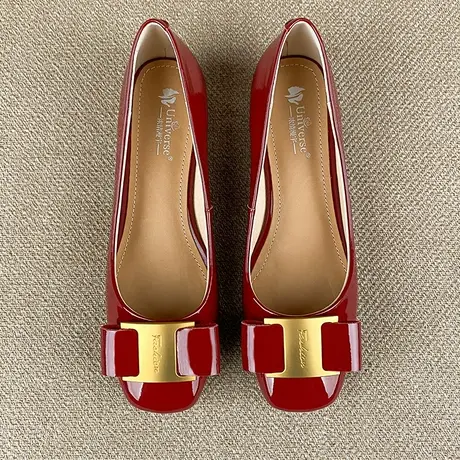 夏优雅红色平底新娘婚鞋女真皮大码韩系浅口漆皮粗跟蝴蝶结单鞋子图片