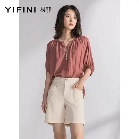 Yifini/易菲小V领宽松灯笼袖中袖套头衫女夏装新款休闲衬衫图片