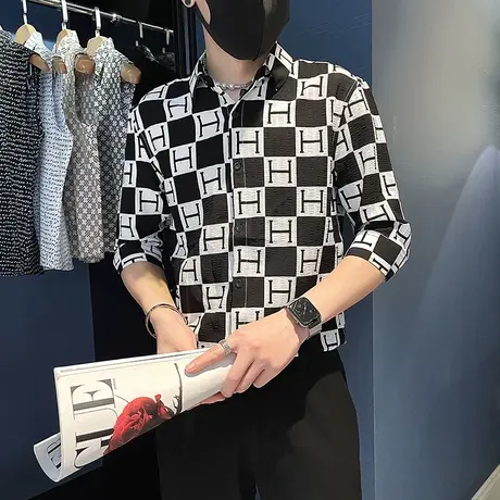 夏季男士潮流格子设计休闲短袖衬衫2023新款小众网红潮男半袖衬衣商品大图