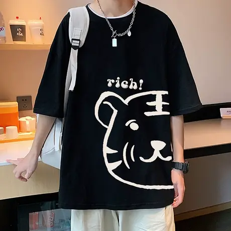 纯棉老虎头短袖t恤男夏季潮牌2024新款体恤tiger半袖打底宽松衣服商品大图