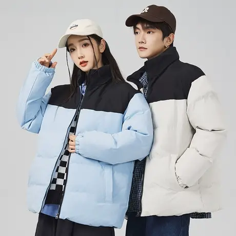 棉服男冬季新款拼色拉链开衫秋冬装宽松御寒保暖外套潮流情侣棉衣商品大图