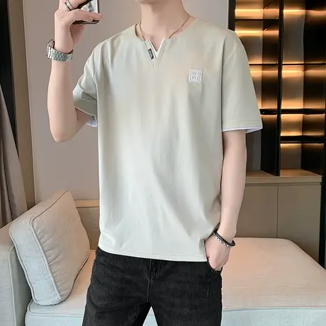 男士短袖t恤韩版夏季新款小V领冰丝百搭修身款假两件潮流半袖体桖商品大图