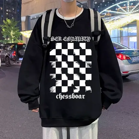 圆领卫衣男春秋季新款内搭打底衫加绒加厚宽松潮牌港风棋盘格长袖商品大图