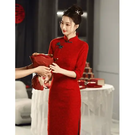 中式旗袍敬酒服2023新款新娘显瘦红色小个子高级感订婚连衣裙秋季图片