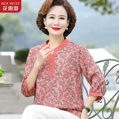 妈妈夏装洋气七分袖T恤碎花雪纺衫上衣时尚中老年人女母亲节衣服商品大图