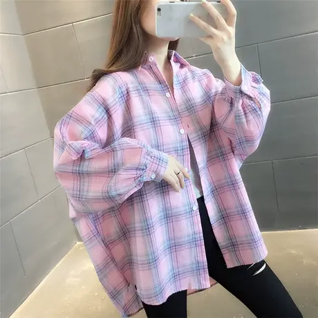 2023秋装新款韩版宽松格子衬衫女中长款休闲长袖上衣网红外穿衬衣商品大图