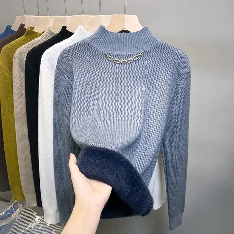加绒半高领毛衣女一体绒打底衫2023秋冬新款加厚针织衫内搭上衣潮商品大图
