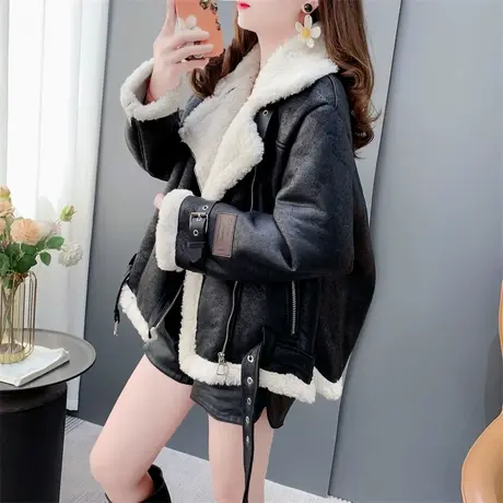 皮毛一体羊羔毛外套女秋冬新款高级感短款小个子宽松机车服上衣潮商品大图