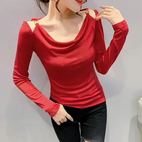 性感露锁骨上衣女装欧货洋气设计感露肩长袖T恤洋气内搭打底衫女商品大图