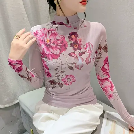 半高领打底衫女内搭秋冬2024新款复古气质印花T恤修身网纱上衣潮图片