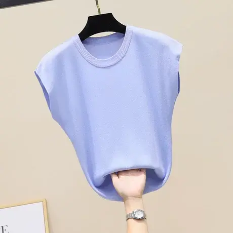 冰丝针织衫薄款女夏装2023新款圆领短袖t恤女宽松百搭小衫上衣潮商品大图