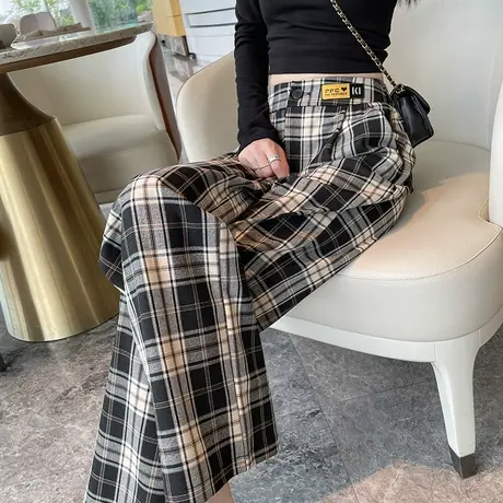 黑白格子阔腿裤女秋冬新款高腰显瘦垂感复古宽松直筒拖地休闲裤子商品大图